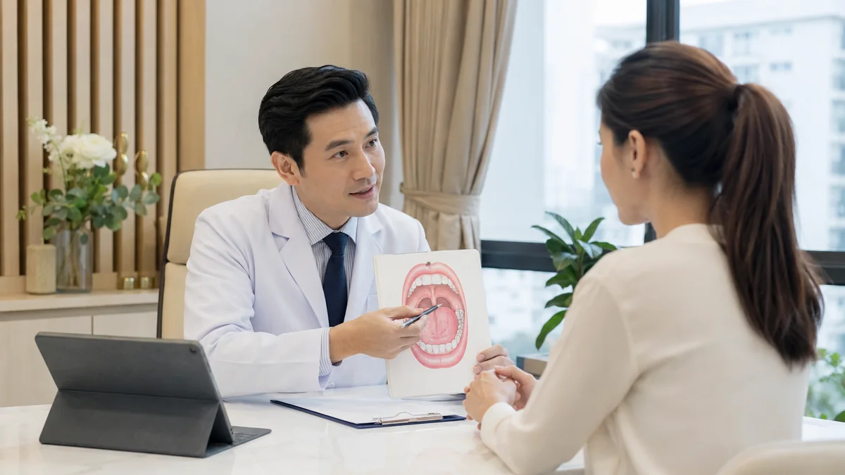 ทันตแพทย์อธิบายสาเหตุที่เป็นไปได้ของแผลในปากให้ผู้ป่วยฟัง